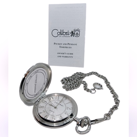 Colibri of London 17 Jewel Pocket Watch, picture frame, chain & Box Silver-tone - Picture 4 of 16